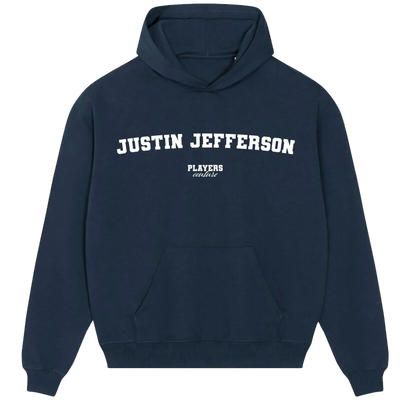 Justin Jefferson hoodie – navy men's hoodie with white Justin Jefferson letters and Players Couture logo on the chest