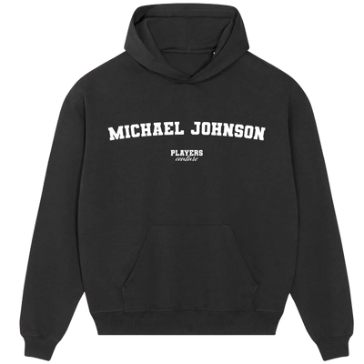 Michael Johnson hoodie – navy men's hoodie with white Michael Johnson letters and Players Couture logo on the chest