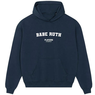Babe Ruth hoodie – navy men's hoodie with white Babe Ruth letters and Players Couture logo on the chest