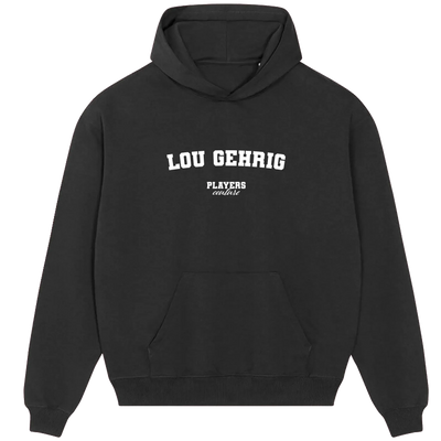 Lou Gehrig hoodie – navy men's hoodie with white Lou Gehrig letters and Players Couture logo on the chest