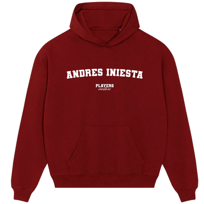Andres Iniesta hoodie – navy men's hoodie with white Andres Iniesta letters and Players Couture logo on the chest