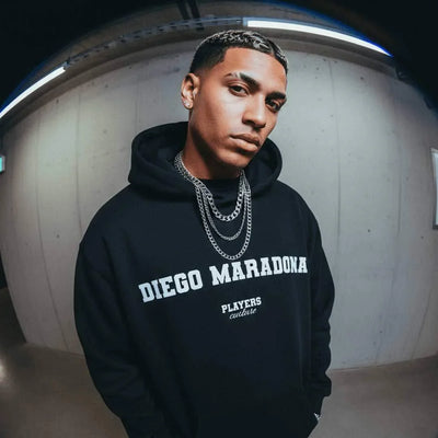Diego Maradona hoodie – navy men's hoodie with white Diego Maradona letters and Players Couture logo on the chest