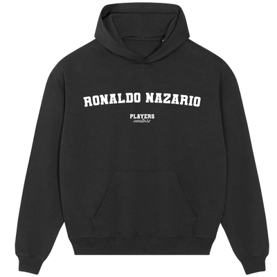 Ronaldo Nazario hoodie – navy men's hoodie with white Ronaldo Nazario letters and Players Couture logo on the chest