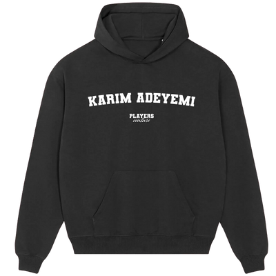 Karim Adeyemi hoodie – navy men's hoodie with white Karim Adeyemi letters and Players Couture logo on the chest