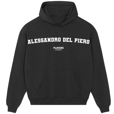 Alessandro Del Piero hoodie – navy men's hoodie with white Alessandro Del Piero letters and Players Couture logo on the chest