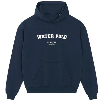 Water Polo hoodie – navy men's hoodie with white Water Polo letters and Players Couture logo on the chest