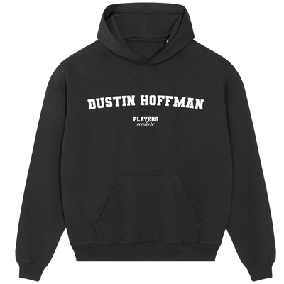 Dustin Hoffman hoodie – navy men's hoodie with white Dustin Hoffman letters and Players Couture logo on the chest