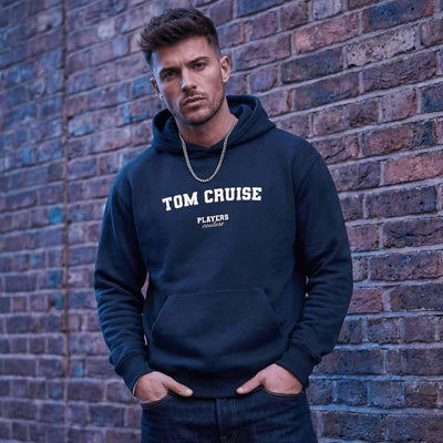 Tom Cruise hoodie – navy men's hoodie with white Tom Cruise letters and Players Couture logo on the chest