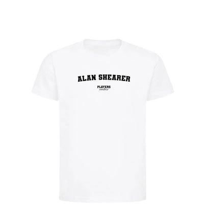 Alan Shearer t-shirt – white kids' t-shirt with black Alan Shearer letters and Players Couture logo on the chest