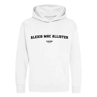 Alexis Mac Allister hoodie – white kids' hoodie with black Alexis Mac Allister letters and Players Couture logo on the chest