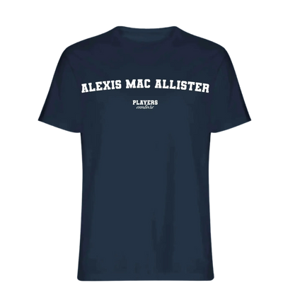 Alexis Mac Allister t-shirt – navy men's t-shirt with white Alexis Mac Allister letters and Players Couture logo on the chest