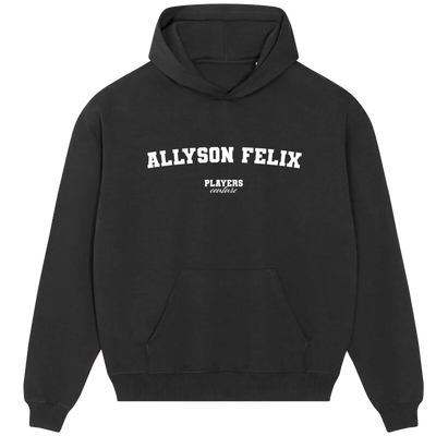 Allyson Felix hoodie – black men's hoodie with white Allyson Felix letters and Players Couture logo on the chest