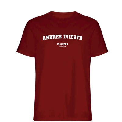 Andres Iniesta t-shirt – red men's t-shirt with white Andres Iniesta letters and Players Couture logo on the chest