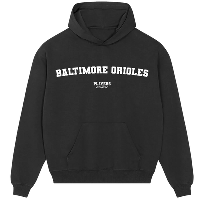 Baltimore Orioles hoodie – black men's hoodie with white Baltimore Orioles letters and Players Couture logo on the chest