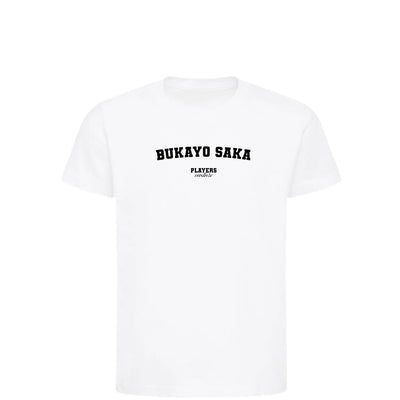 Bukayo Saka t-shirt – white kids' t-shirt with black Bukayo Saka letters and Players Couture logo on the chest
