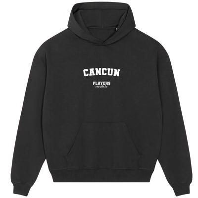 Cancun hoodie – black men's hoodie with white Cancun letters and Players Couture logo on the chest