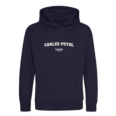 Carles Puyol hoodie – navy kids' hoodie with white Carles Puyol letters and Players Couture logo on the chest