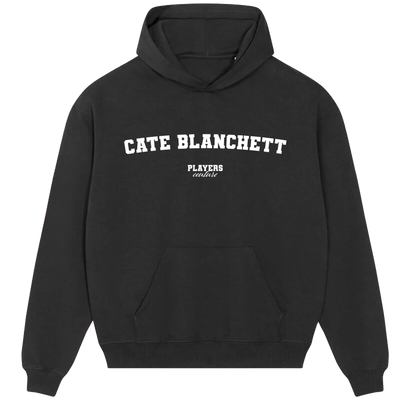 Cate Blanchett hoodie – black men's hoodie with white Cate Blanchett letters and Players Couture logo on the chest