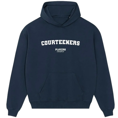 Courteeners hoodie – navy men's hoodie with white Courteeners letters and Players Couture logo on the chest