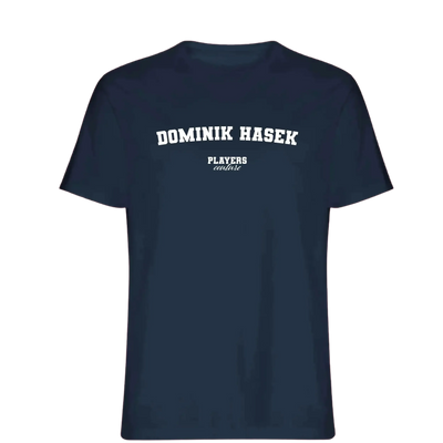 Dominik Hasek t-shirt – navy men's t-shirt with white Dominik Hasek letters and Players Couture logo on the chest