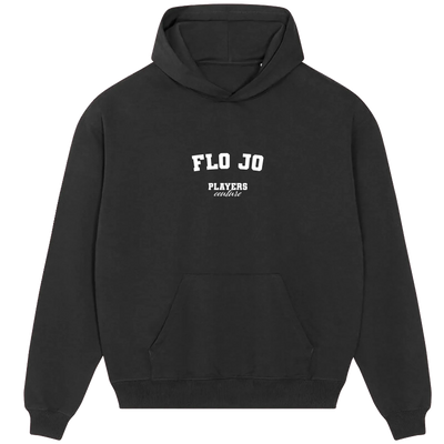 Flo Jo hoodie – black men's hoodie with white Flo Jo letters and Players Couture logo on the chest