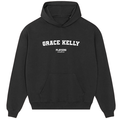 Grace Kelly hoodie – black men's hoodie with white Grace Kelly letters and Players Couture logo on the chest