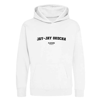Jay Jay Okocha hoodie – white kids' hoodie with black Jay Jay Okocha letters and Players Couture logo on the chest