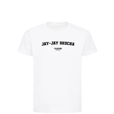 Jay Jay Okocha t-shirt – white kids' t-shirt with black Jay Jay Okocha letters and Players Couture logo on the chest