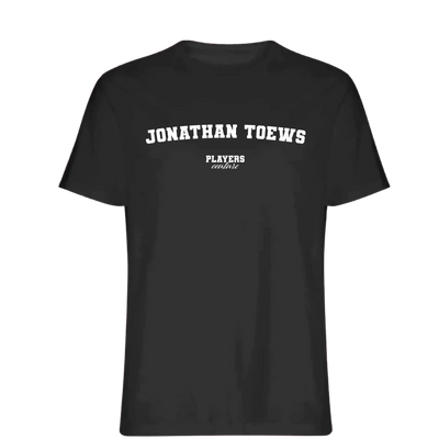 Jonathan Toews t-shirt – black men's t-shirt with white Jonathan Toews letters and Players Couture logo on the chest