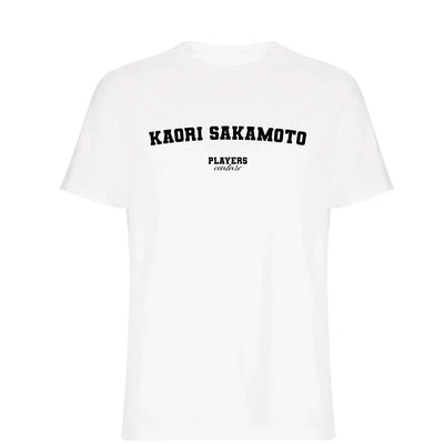 Kaori Sakamoto t-shirt – white men's t-shirt with black Kaori Sakamoto letters and Players Couture logo on the chest