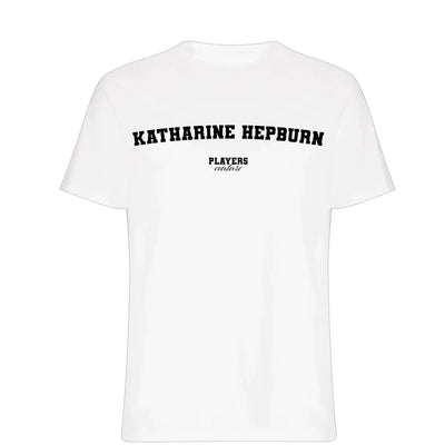 Katharine Hepburn t-shirt – white men's t-shirt with black Katharine Hepburn letters and Players Couture logo on the chest