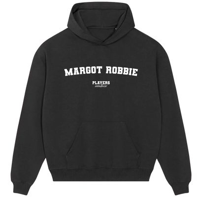 Margot Robbie hoodie – black men's hoodie with white Margot Robbie letters and Players Couture logo on the chest