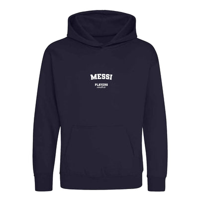 Messi hoodie – navy kids' hoodie with white Messi letters and Players Couture logo on the chest