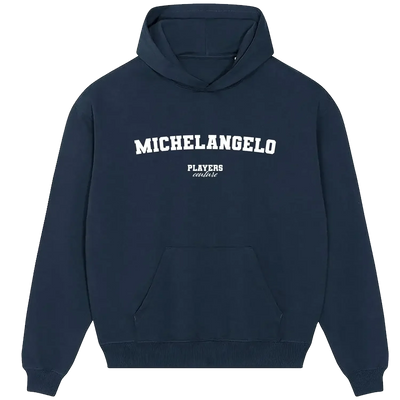 Michelangelo hoodie – navy men's hoodie with white Michelangelo letters and Players Couture logo on the chest