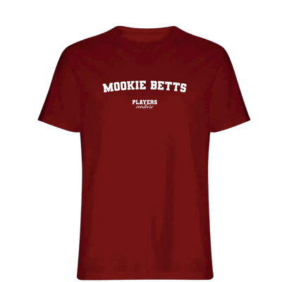 Mookie Betts t-shirt – red men's t-shirt with white Mookie Betts letters and Players Couture logo on the chest