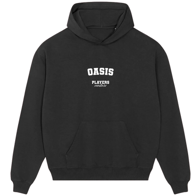 Oasis hoodie – black men's hoodie with white Oasis letters and Players Couture logo on the chest