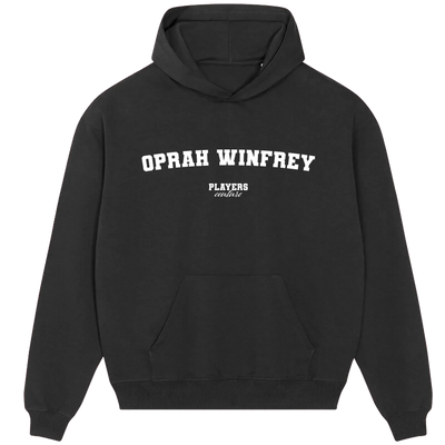 Oprah Winfrey hoodie – black men's hoodie with white Oprah Winfrey letters and Players Couture logo on the chest