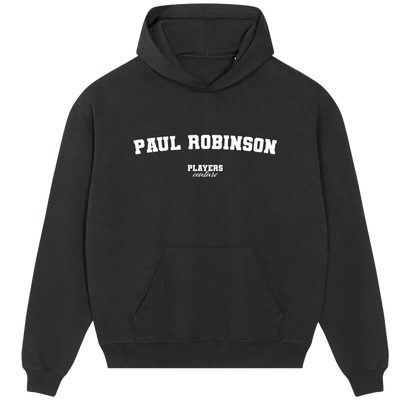Paul Robinson hoodie – black men's hoodie with white Paul Robinson letters and Players Couture logo on the chest