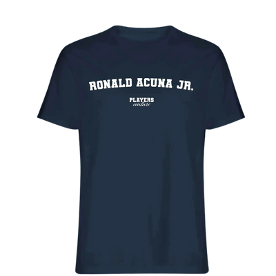 Ronald Acuna Jr. t-shirt – navy men's t-shirt with white Ronald Acuna Jr. letters and Players Couture logo on the chest