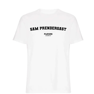Sam Prendergast t-shirt – white men's t-shirt with black Sam Prendergast letters and Players Couture logo on the chest