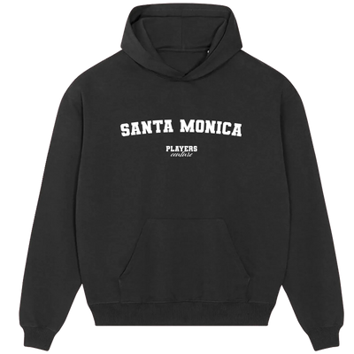 Santa Monica hoodie – black men's hoodie with white Santa Monica letters and Players Couture logo on the chest