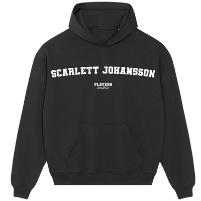 Scarlett Johansson hoodie – black men's hoodie with white Scarlett Johansson letters and Players Couture logo on the chest