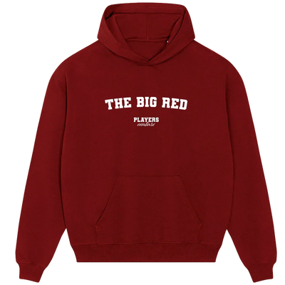 The Big Red hoodie – red men's hoodie with white The Big Red letters and Players Couture logo on the chest