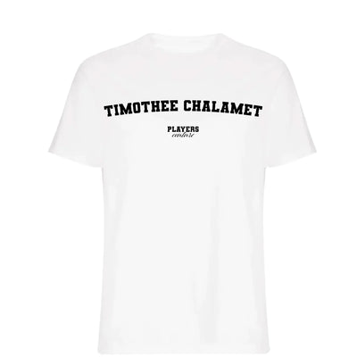 Timothee Chalamet t-shirt – white men's t-shirt with black Timothee Chalamet letters and Players Couture logo on the chest