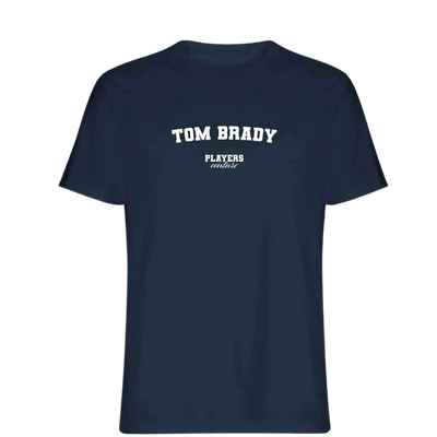 Tom Brady t-shirt – navy men's t-shirt with white Tom Brady letters and Players Couture logo on the chest