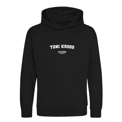 Toni Kroos hoodie – black kids' hoodie with white Toni Kroos letters and Players Couture logo on the chest