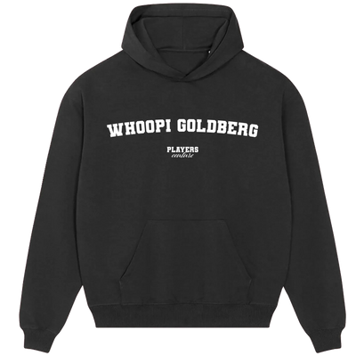 Whoopi Goldberg hoodie – black men's hoodie with white Whoopi Goldberg letters and Players Couture logo on the chest