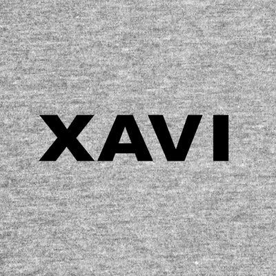 Xavi Logo Kids Hoodie – grey close-up detail shot of the Xavi Players Couture logo design