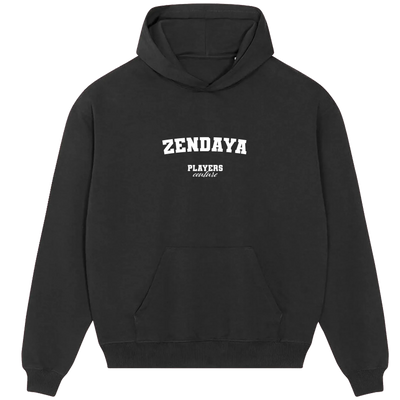 Zendaya hoodie – black men's hoodie with white Zendaya letters and Players Couture logo on the chest