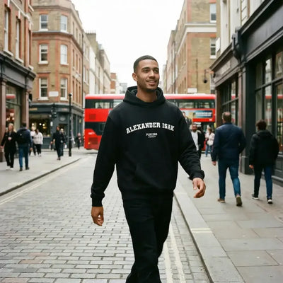 Alexander Isak hoodie – navy men's hoodie with white Alexander Isak letters and Players Couture logo on the chest